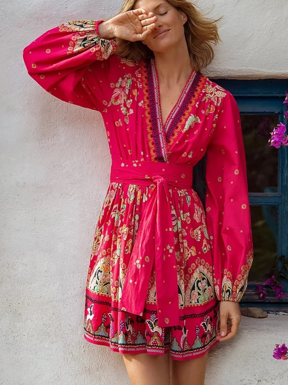 Anthropologie Raquel Beaded + Embroidered Wrap Style Mini Dress in Pink, Size M - Picture 1 of 13